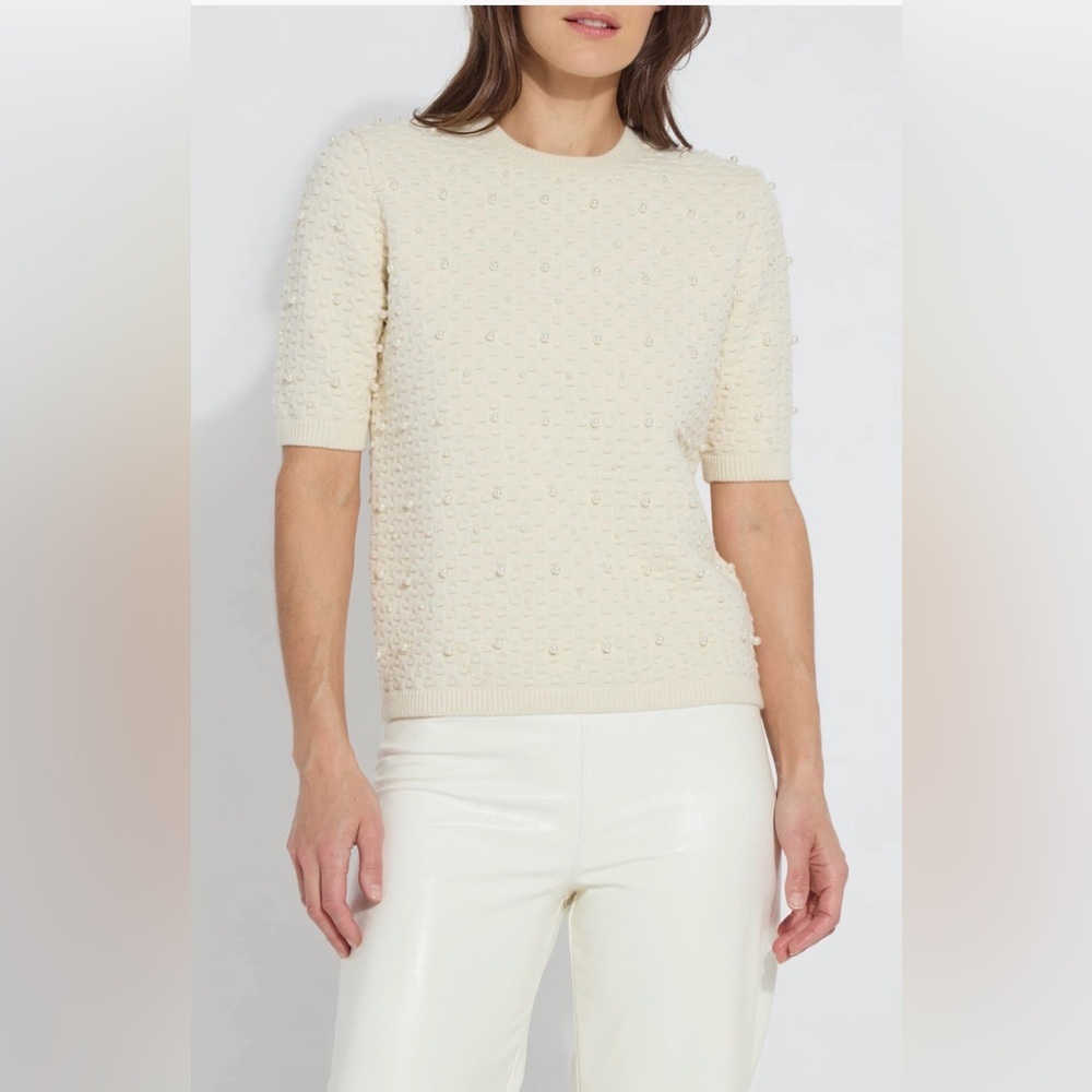 LYSSE New York Pearl Embellished Short Sleeve Sweater Cream XS NWT